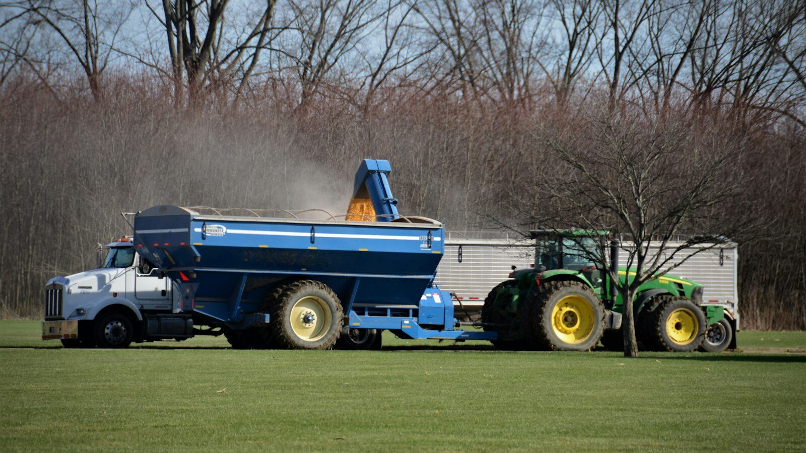 a blue truck parked in a grassy field