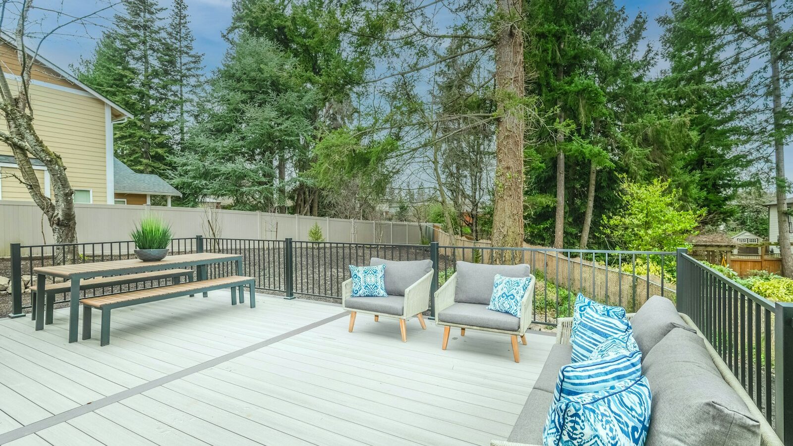 white wooden bench on wooden deck