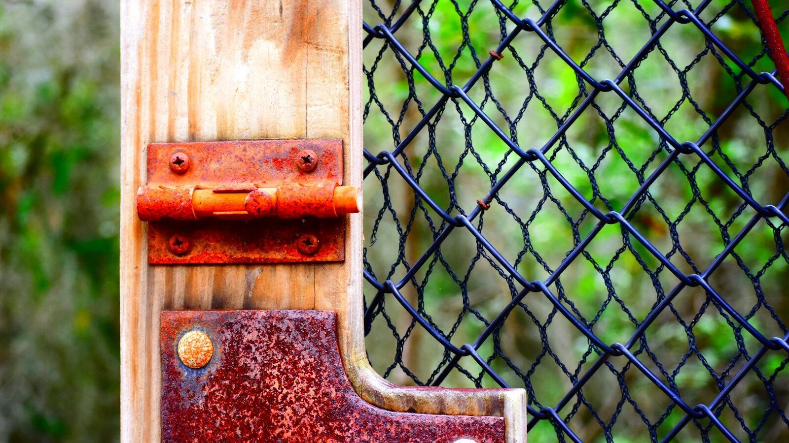 Rusty hinge on a wooden gate with fence