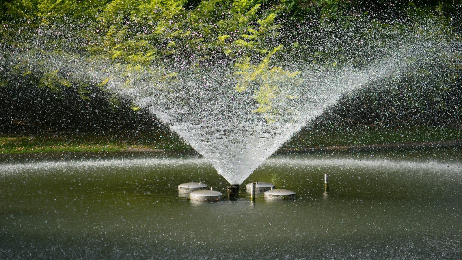 a fountain spewing water into a lake surrounded by trees